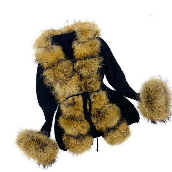 Real raccoon fur cardigan genuine fur collar trench coat parka jacket wool blaze - Picture 14 of 16